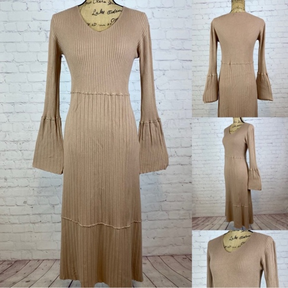 Tea n Rose Light Brown Ribbed Knit Bell Sleeve Sweater Dress